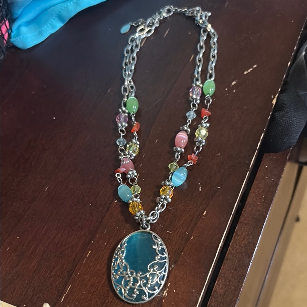 Colorful Beaded Necklace with Silver Pendant